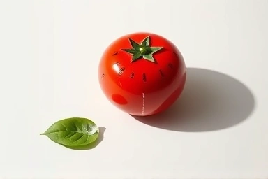 Tomato timer and a dewdrop on a leaf, representing focus and refreshing breaks.